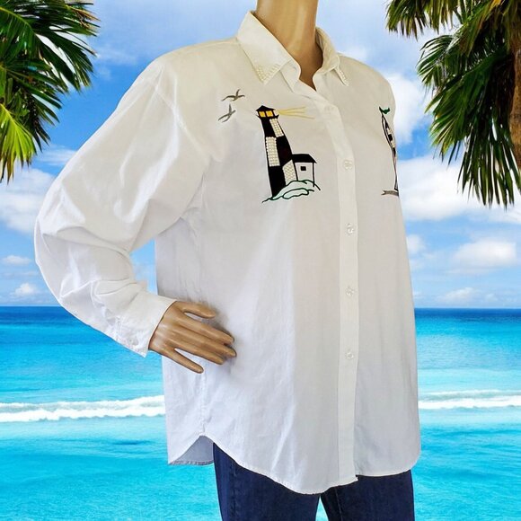 Jane Ashley Shirt Women's Medium White Nautical Embroidered Beaded Button-Down - Picture 2 of 12